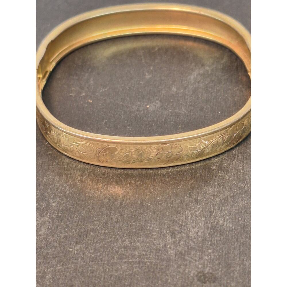 Vintage Gold Plated Repousse Hinged Cuff Bracelet with Etched Floral Motif.